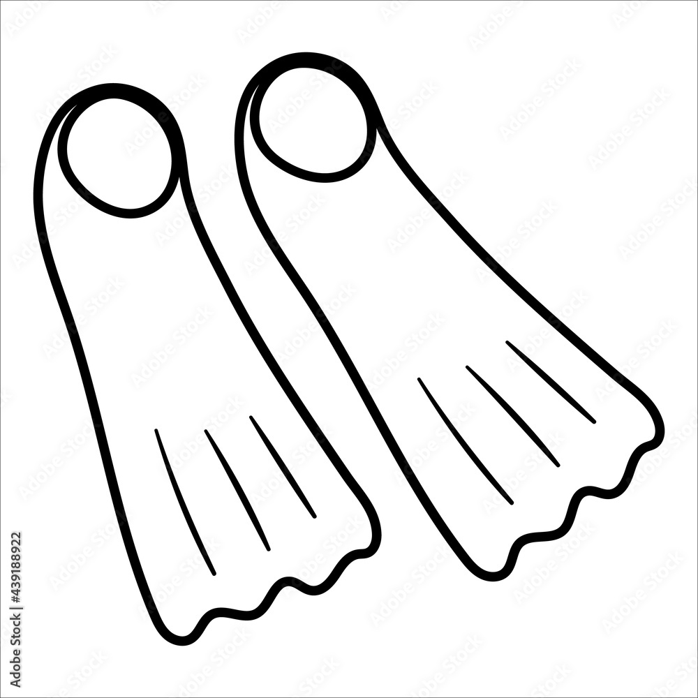 Vector black and white flippers. Outline summer diving or swimming equipment clipart element. Cute line fins illustration for kids or coloring page. Vacation beach object.. Vector black and white flippers. Outline summer diving or swimming equipment clipart element. Cute line fins illustration for kids or coloring page. Vacation beach object..