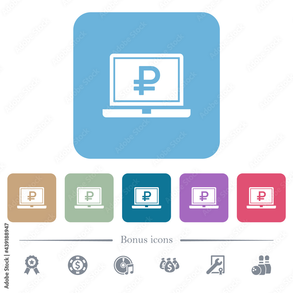 Laptop with Ruble sign flat icons on color rounded square backgrounds