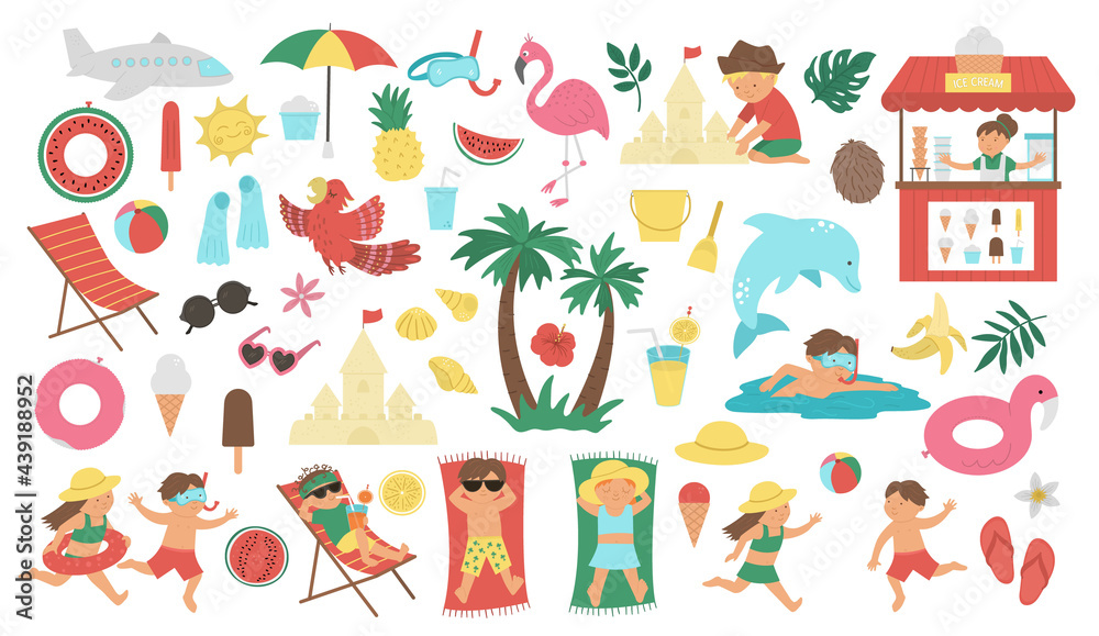 Vector big set with summer clipart elements isolated on white background. Cute flat illustration for kids with palm tree, plane, sunglasses, kids doing summer activities. Vacation beach objects pack.