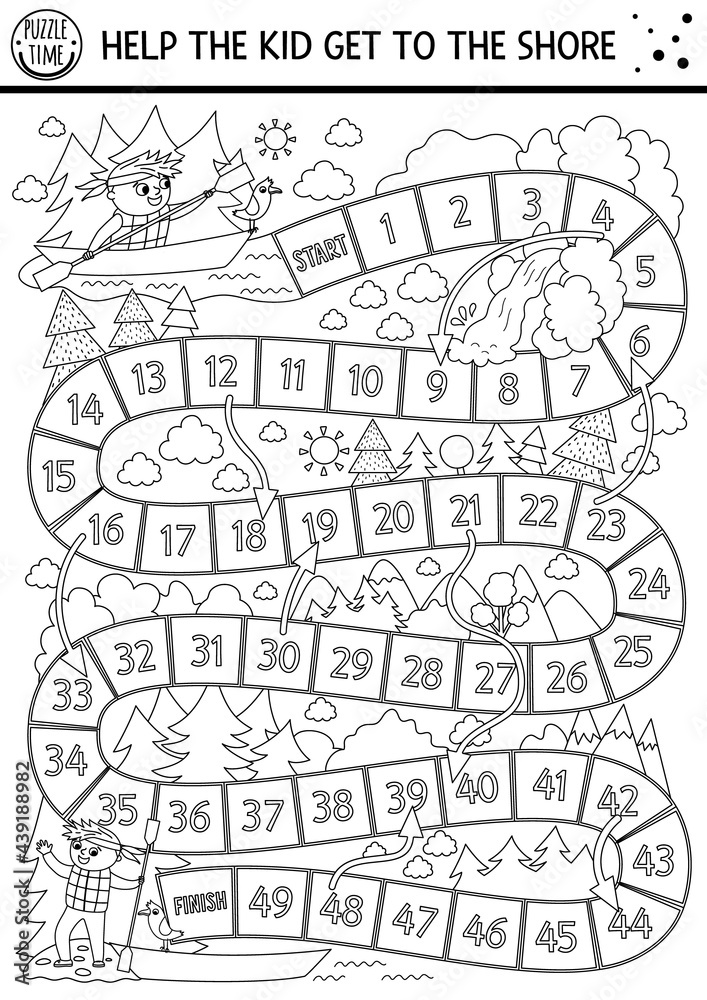 Black and white summer camp dice board game for children with cute rafting kid. Active holidays outline boardgame with boy on boat swimming to the shore. Family road trip activity or coloring page.