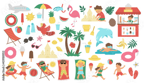 Vector big set with summer clipart elements isolated on white background. Cute flat illustration for kids with palm tree  plane  sunglasses  kids doing summer activities. Vacation beach objects pack.