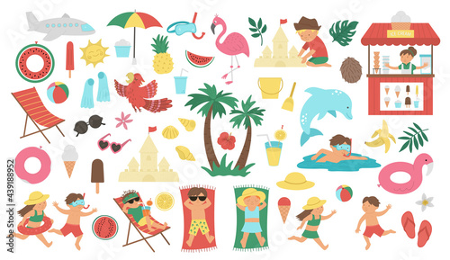 Vector big set with summer clipart elements isolated on white background. Cute flat illustration for kids with palm tree, plane, sunglasses, kids doing summer activities. Vacation beach objects pack.