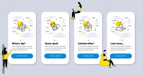 Set of People icons, such as Augmented reality, Pay money, Teamwork icons. UI phone app screens with people. Chemistry lab line symbols. Virtual reality, Hold cash, Remote work. Laboratory. Vector