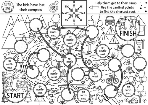 Black and white summer camp dice board game for children with map, compass points. Active holidays outline boardgame with hiking children going to camp. Family road trip activity or coloring page.