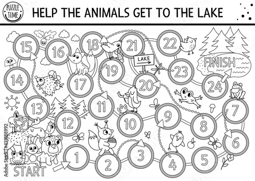Black and white summer camp dice board game with cute woodland animals. Active holidays outline boardgame with bear, moose going to lake. Family road trip activity or coloring page.