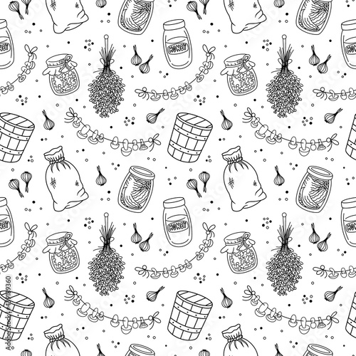 Vintage home pantry, kitchen, vegan food supplies seamless pattern. Preserves, glass jar, canned jam, honey and pickles, old wooden bucket, canvas sack, dried lavender and mushrooms. Vector background