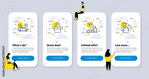 Vector Set of Transportation icons related to Airport transfer, Package location and Parking security icons. UI phone app screens with people. Delivery man line symbols. Vector