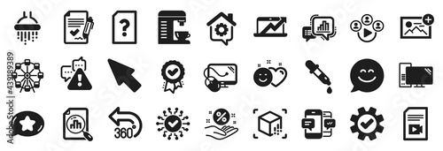 Set of Technology icons, such as Chemistry pipette, Video conference, Work home icons. Shower, Computer mouse, Service signs. Mouse cursor, Smile, Unknown file. Smile chat, Favorite chat. Vector