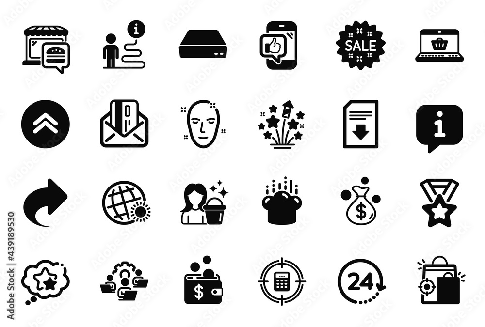 Vector Set of Business icons related to Credit card, Cleaning and Cooking hat icons. Seo shopping, 24 hours and Ranking stars signs. Share, Online shopping and Money bag. Sale, Teamwork. Vector