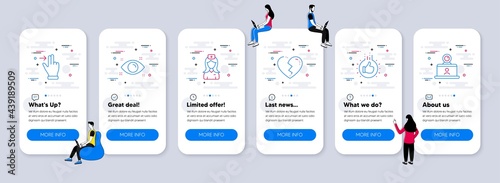 People icons set. UI phone app screens with teamwork. Included icon as Hospital nurse, Health eye, Touchscreen gesture signs. Broken heart, Like hand, Video conference line icons. Vector