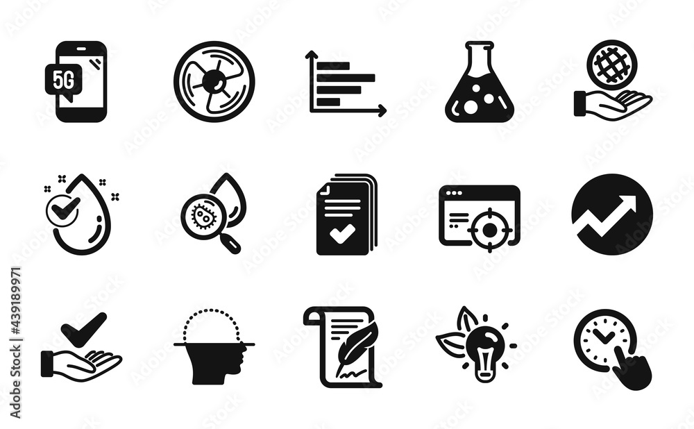 Vector set of Time management, 5g phone and Air fan icons simple set. Water drop, Horizontal chart and Feather icons. Chemistry lab, Safe planet and Seo targeting signs. Vector Vector set of Time management, 5g phone and Air fan icons simple set. Water drop, Horizontal chart and Feather icons. Chemistry lab, Safe planet and Seo targeting signs. Vector