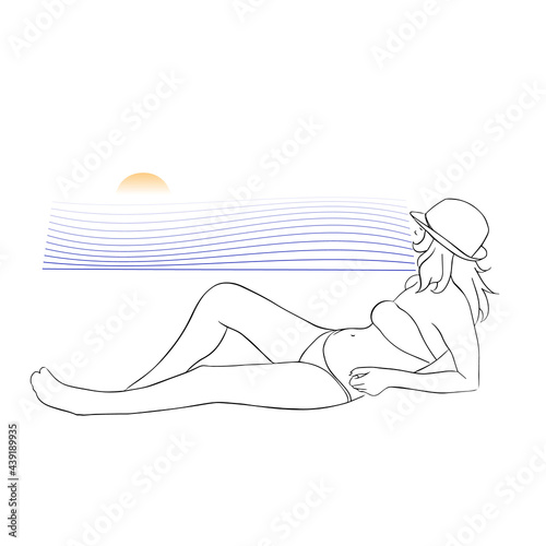 contour line drawing. Beautiful woman lying on the beach