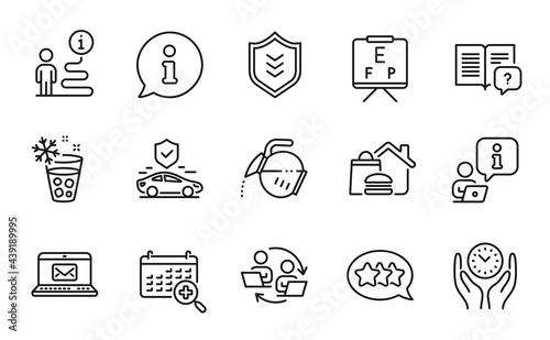 Business icons set. Included icon as Stars, Ice maker, Medical calendar signs. Coffee pot, Shield, Teamwork process symbols. Instruction manual, Transport insurance, Food delivery. E-mail. Vector