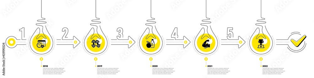 Gym Infographic timeline with 5 steps. Sport process diagram with Exercise schedule, Dumbbells, Strong muscle arm and Winner cup icons. Timeline infograph diagram. Vector Gym Infographic timeline with 5 steps. Sport process diagram with Exercise schedule, Dumbbells, Strong muscle arm and Winner cup icons. Timeline infograph diagram. Vector