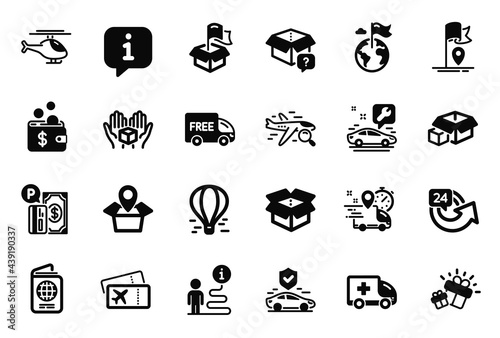 Vector Set of Transportation icons related to Gift, Package location and Car service icons. Hold box, Passport and Delivery location signs. Air balloon, 24 hours and Free delivery. Flag. Vector