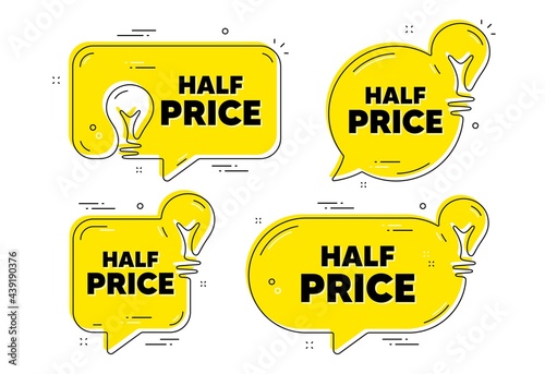 Half Price text. Idea yellow chat bubbles. Special offer Sale sign. Advertising Discounts symbol. Half price chat message banners. Idea lightbulb balloons. Vector