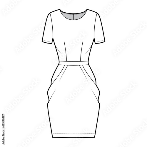 Dress tulip technical fashion illustration with short sleeves, fitted body, knee length peg-top pencil skirt. Flat apparel front, white color style. Women, men unisex CAD mockup