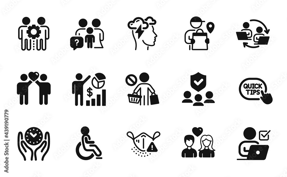 Vector set of Friends couple, Medical mask and Safe time icons simple set. Teamwork process, Family questions and Seo statistics icons. Stop shopping, Delivery man and Quick tips signs. Vector Vector set of Friends couple, Medical mask and Safe time icons simple set. Teamwork process, Family questions and Seo statistics icons. Stop shopping, Delivery man and Quick tips signs. Vector