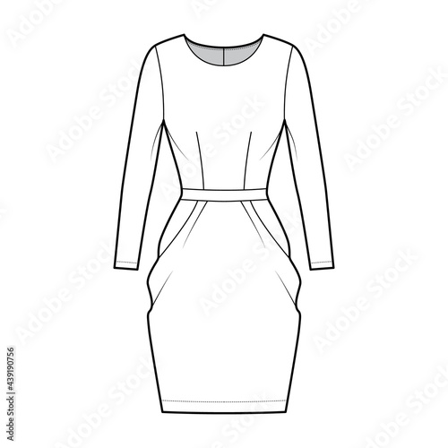 Dress tulip technical fashion illustration with long sleeves, fitted body, knee length peg-top pencil skirt. Flat apparel front, white color style. Women, men unisex CAD mockup