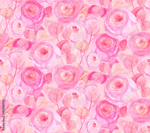 delicate pink watercolor seamless pattern with rose flowers and eucalyptus branches