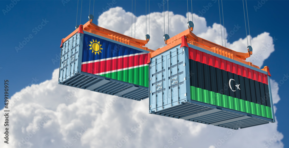 Two freight container with Namibia and Libya national flag. 3D Rendering