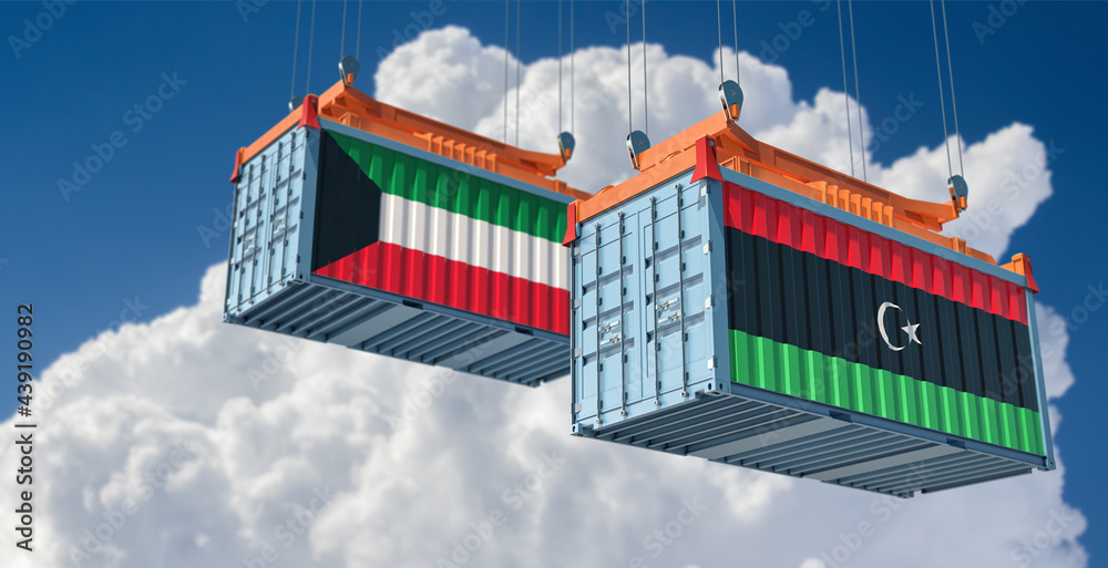 Two freight container with Kuwait and Libya national flag. 3D Rendering