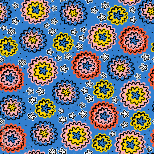 Seamless pattern with bright flowers on violet background.