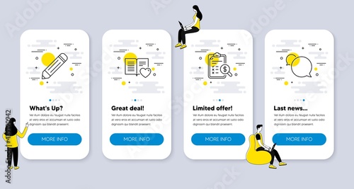 Set of Education icons, such as Love book, Accounting report, Pencil icons. UI phone app screens with people. Messenger line symbols. Customer feedback, Check finance, Edit data. Speech bubble. Vector