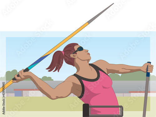 para sports paralympic javelin throw, visual impaired female athlete, track and field, with stadium in background