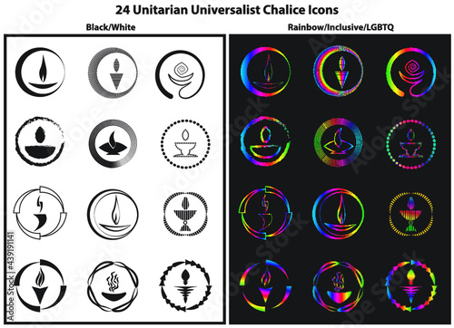 Collection of 12 Black and White UU Flaming Chalice symbols/icons; 12 rainbow/inclusive UU Flaming Chalice symbols/icons photo