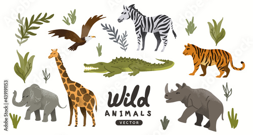 A collection of wild natural roaming animals including Elephants and tigers. Animal adventure Vector illustration