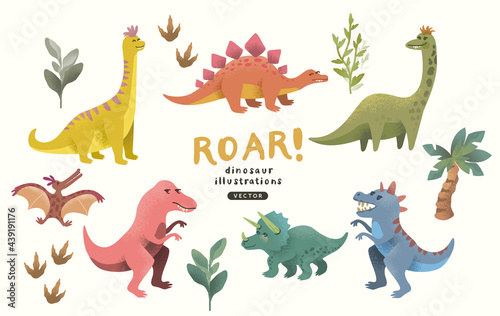 A collection of cute and colourful happy dinosaur character decorations. Vector illustration.