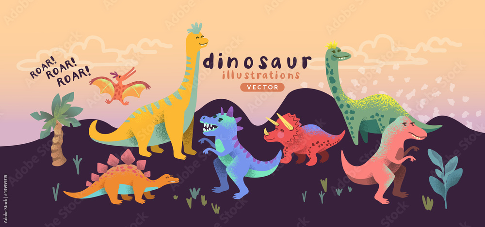 Obraz premium Illustrated colourful and happy dinosaur cute characters. Vector illustration.