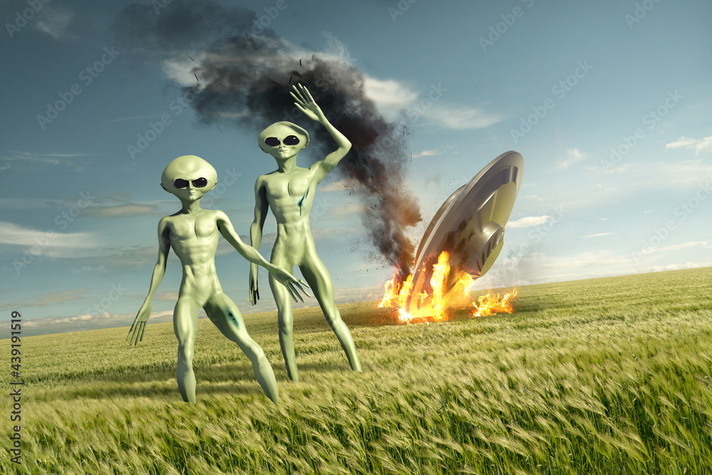 Vintage Flying saucer UFO crash site with green aliens. Classified extra-terrestrial life on Earth. 3D illustration - obrazy, fototapety, plakaty 