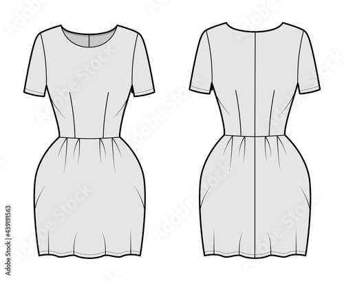 Dress bell technical fashion illustration with short sleeves, fitted body, mini length pencil skirt. Flat apparel front, back, grey color style. Women, men unisex CAD mockup