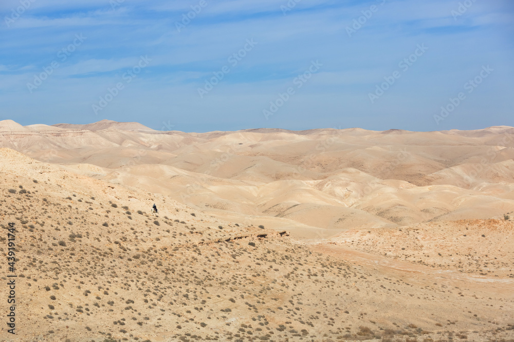 Judean Desert in clear weather, Israel. White sand dunes and blue sky. Local man on a donkey on a hill. Wadi Qelt land