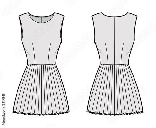 Dress pleated technical fashion illustration with sleeveless, fitted body, mini length skirt. Flat apparel front, back, grey color style. Women, men unisex CAD mockup