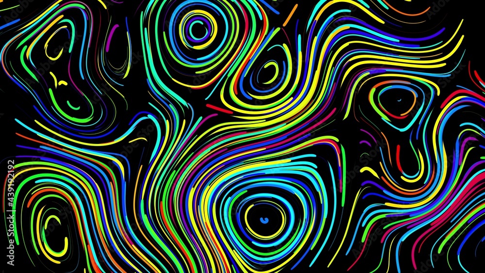 Abstract creative bg with curled lines like trails of different colors. Lines form swirling pattern like curle noise. Abstract 3d bright creative festive background. 3d render