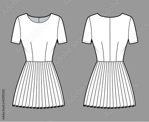 Dress pleated technical fashion illustration with short sleeves, fitted body, mini length skirt. Flat apparel front, back, white color style. Women, men unisex CAD mockup