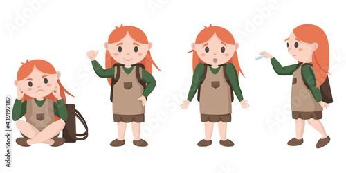 Schoolgirl in different poses. Pupil in cartoon style