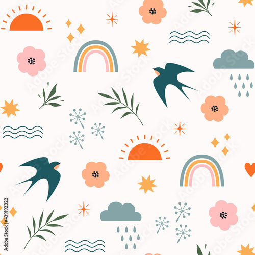 Bohemian minimalism summer seamless pattern with rainbows  swallows  sun  stars  clouds and floral elements 