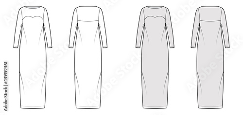 Dress column technical fashion illustration with long sleeves  fitted body  floor maxi length pencil skirt. Flat evening apparel front  back  white  grey color style. Women  men unisex CAD mockup