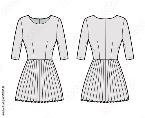 Dress pleated technical fashion illustration with elbow sleeves, fitted body, mini length skirt. Flat apparel front, back, grey color style. Women, men unisex CAD mockup