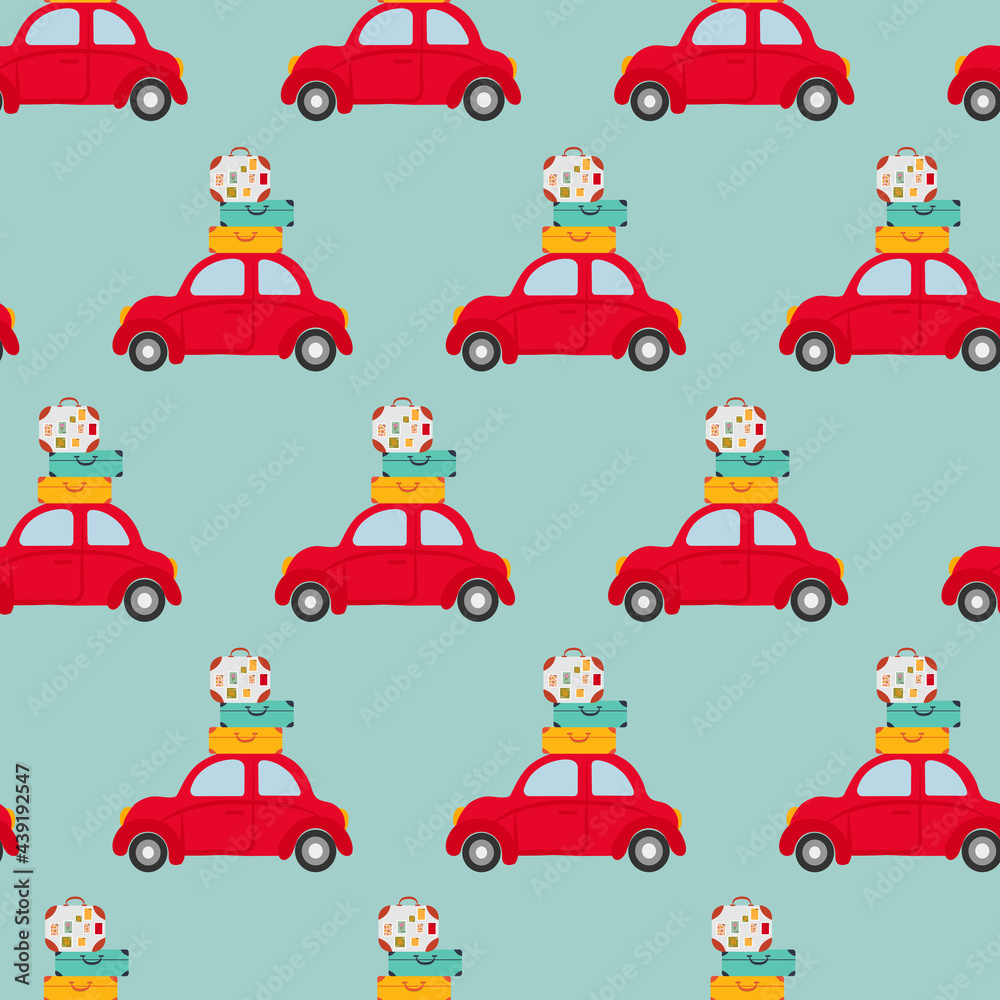 seamless pattern with retro cars and gift box in flat cartoon style. .Cute design for textile, party invitation, holiday poster, sale banner. seamless pattern with retro cars and gift box in flat cartoon style. .Cute design for textile, party invitation, holiday poster, sale banner.