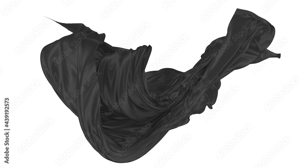 Beautiful flowing fabric of black wavy silk or satin. 3d rendering image. Beautiful flowing fabric of black wavy silk or satin. 3d rendering image.