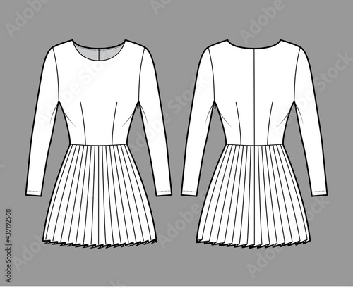Dress pleated technical fashion illustration with long sleeves, fitted body, mini length skirt. Flat apparel front, back, white color style. Women, men unisex CAD mockup