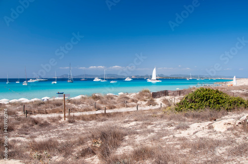 Luxury boats anchored near the beach of Ses Illetas. Wild beach on the island of Formentera  Spain