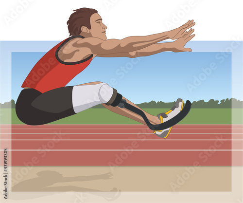 para sports paralympic long jump, physical disabled male athlete on prosthetic leg, track and field, with track in background