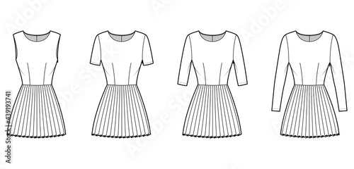 Set of Dresses pleated technical fashion illustration with long elbow short sleeves sleeveless, fitted body, mini length skirt. Flat apparel front, white color style. Women, men unisex CAD mockup