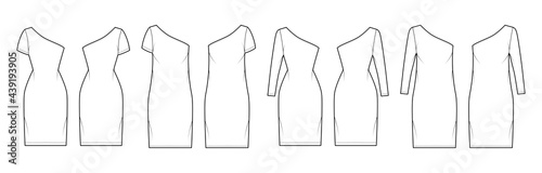 Set of Dresses one shoulder technical fashion illustration with long elbow short sleeve, oversized fitted, knee length pencil skirt. Flat apparel front, back, white color style. Women, men CAD mockup